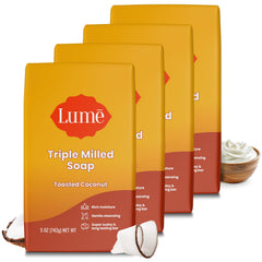 Lume toasted coconut front packaging showing four bars and benefits