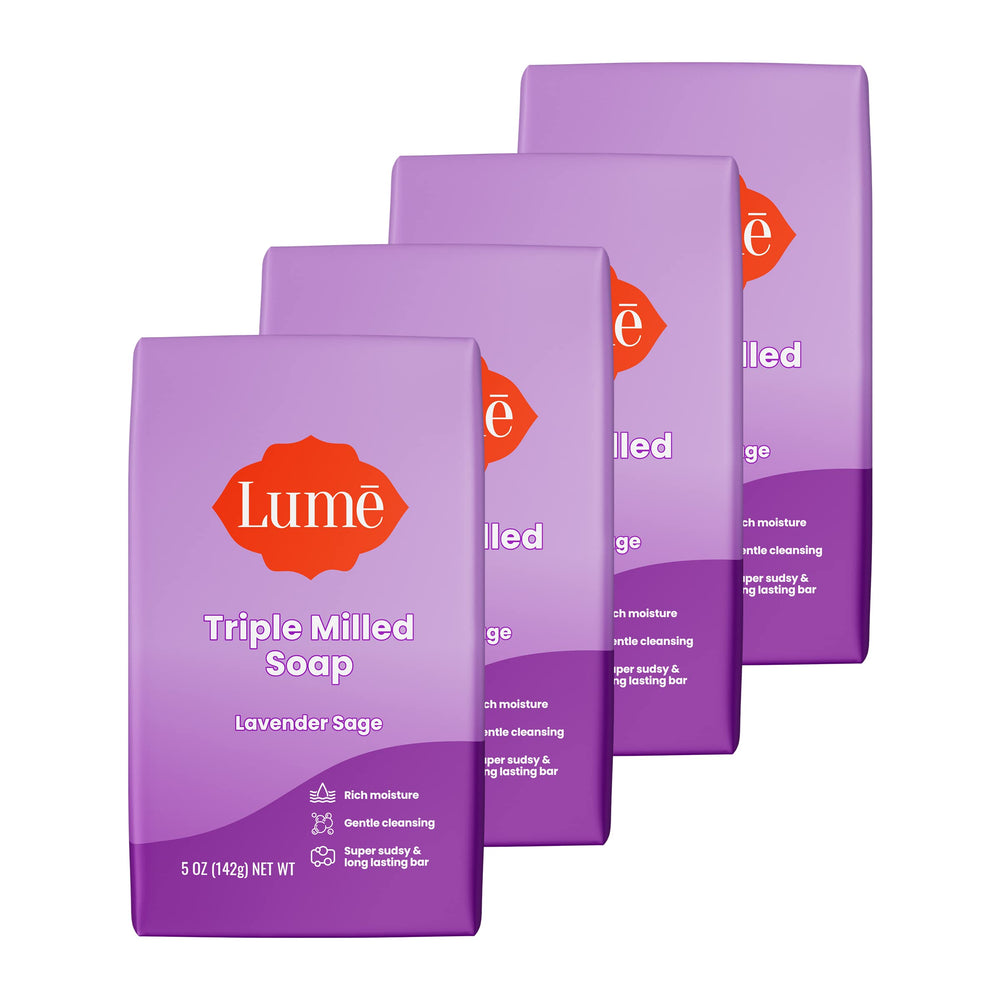 Lume front packaging showing four lavender sage bars and clear branding for quick identification