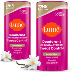 Lume front packaging showing Vanilla Bliss two-pack and clear branding for convenience
