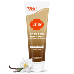 Lume tube front view showing Vanilla Bliss scent and clear finish benefit