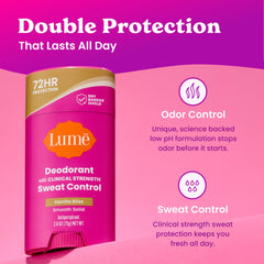 Lume Vanilla Bliss stick open top revealing product ready to apply for sweat control