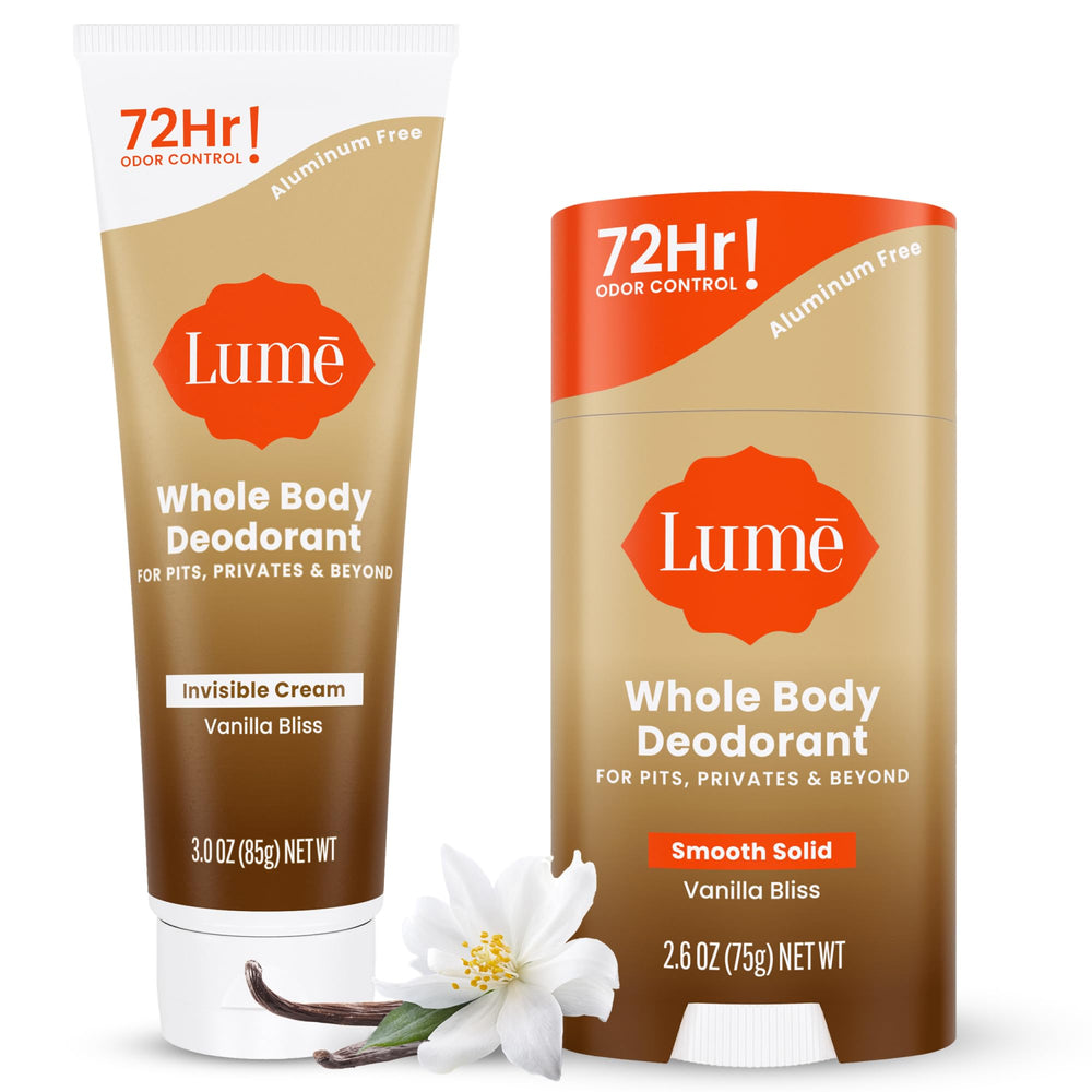 Lume vanilla bundle front packaging showing both cream and stick for confidence