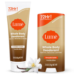 Lume vanilla bundle front packaging showing both cream and stick for confidence