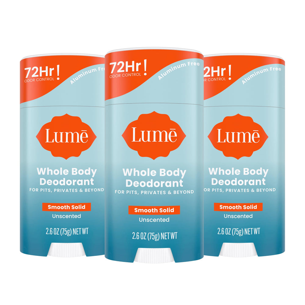 Lume whole body unscented front packaging showing 3-pack convenience and odor control