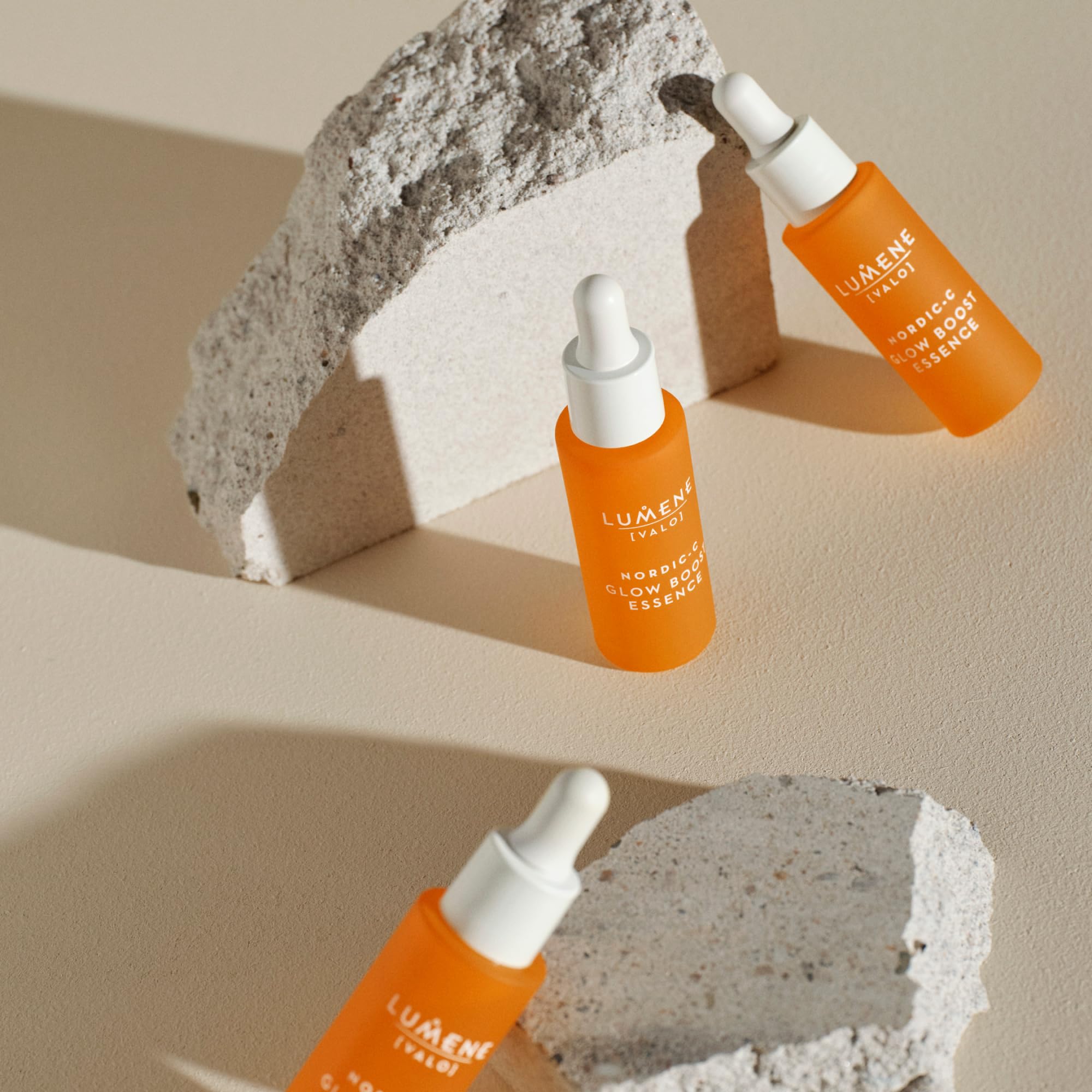 Lumene bottle on bathroom counter styled in bright minimalist Nordic setting