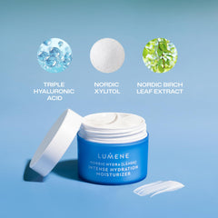 Lumene moisturizer being applied on hand, quick absorption and plumping