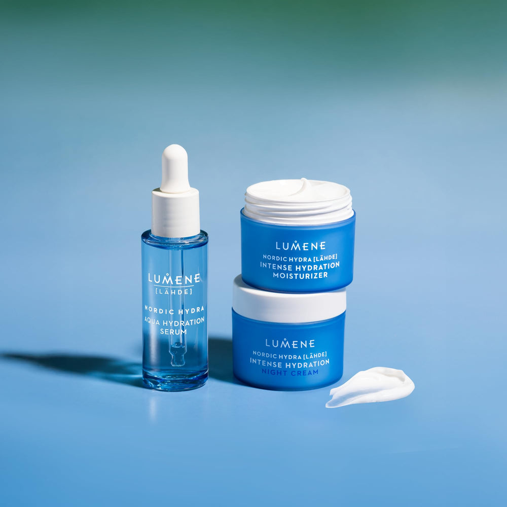 Lumene on bathroom shelf in routine setting, supports daily hydration ritual