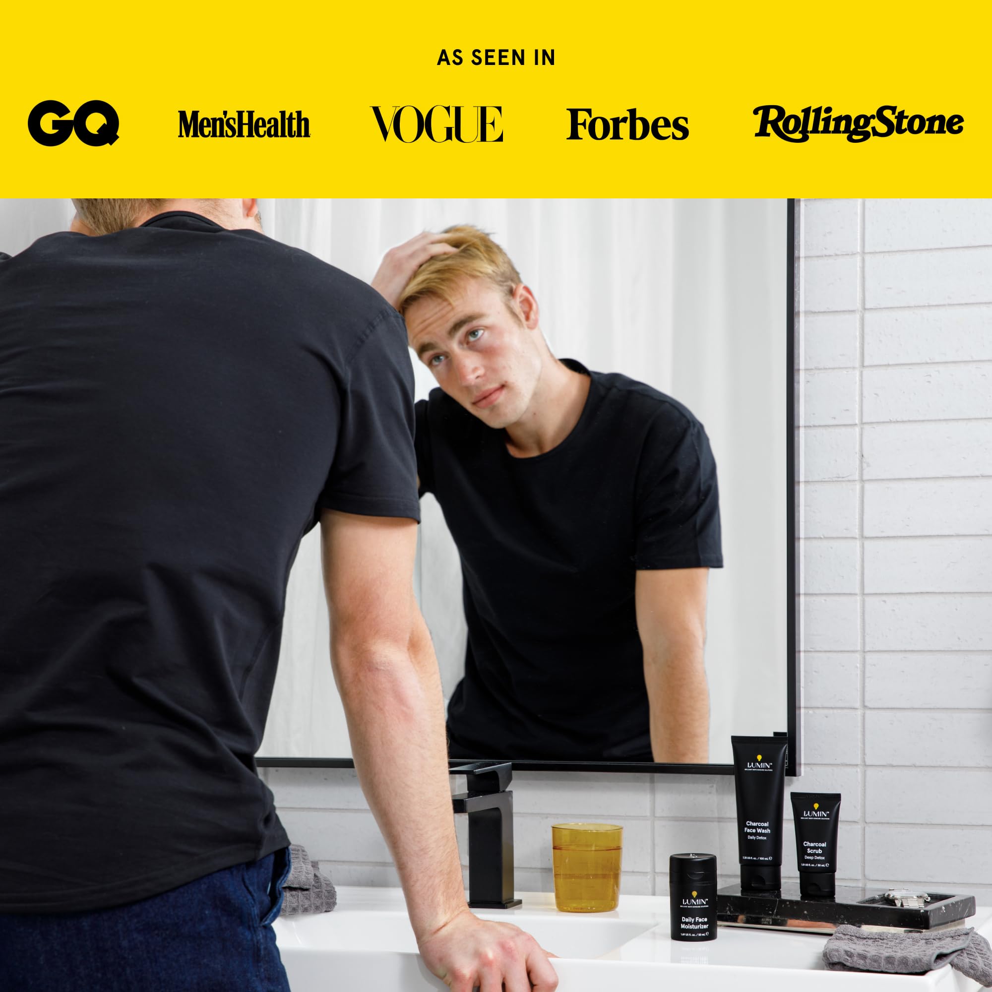 Lumin face wash staged in bathroom lifestyle showcasing daily routine use