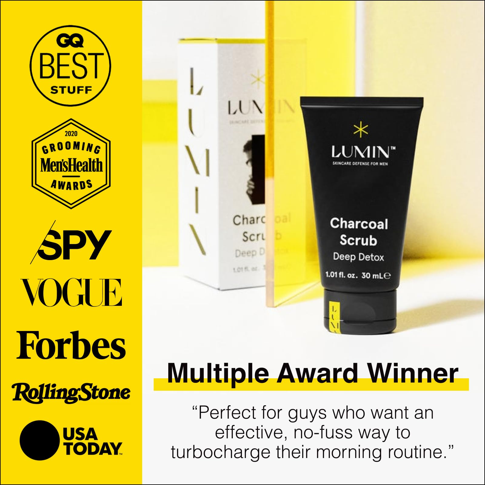 Lumin charcoal scrub on bathroom shelf in routine setting for groomed look
