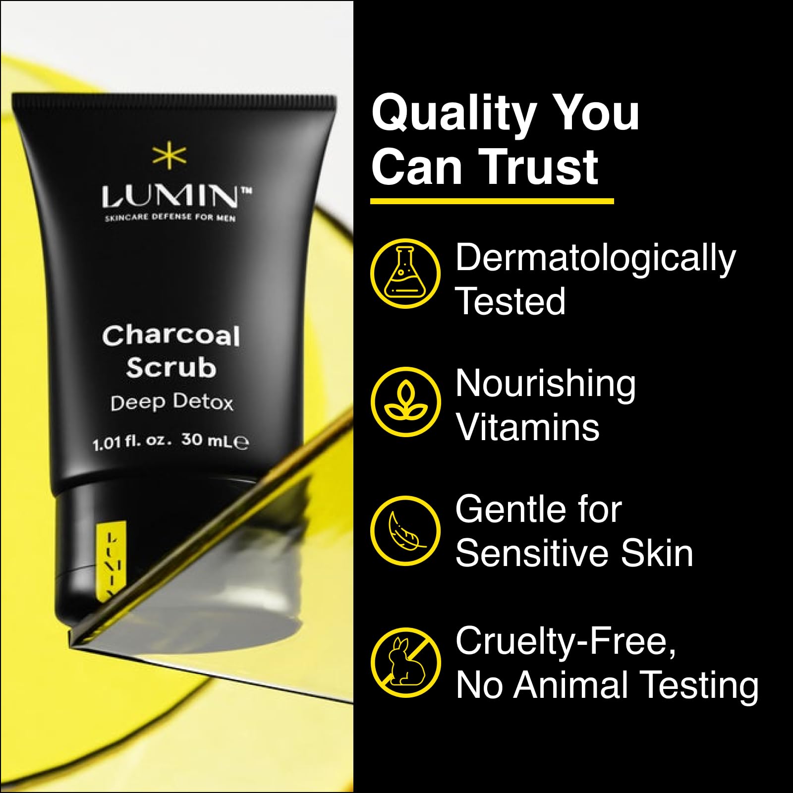 Lumin charcoal scrub on hand demonstrating dosage and easy application