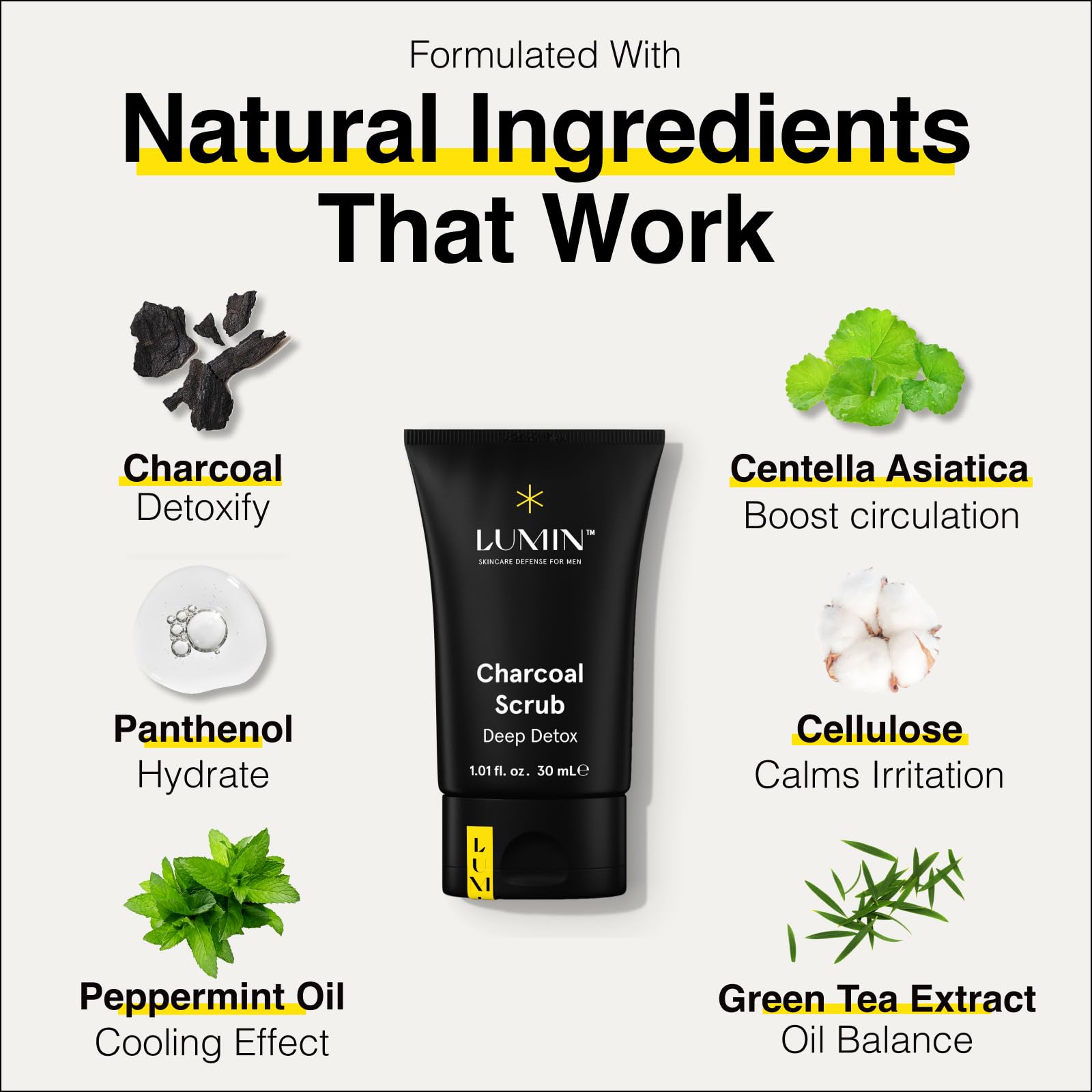 Lumin charcoal scrub texture close-up revealing gritty exfoliant and smoothness