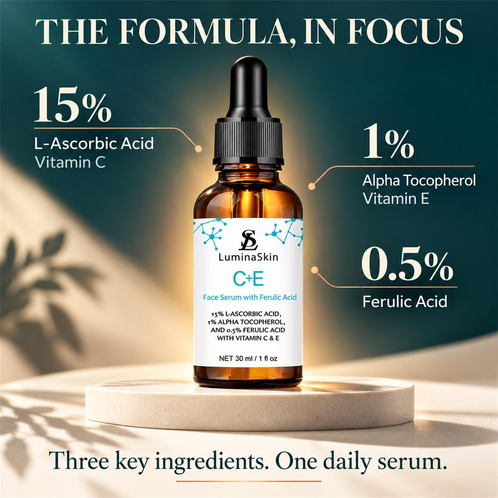 LuminaSkin back label with ingredient list visible, showing clean-beauty formulation transparency