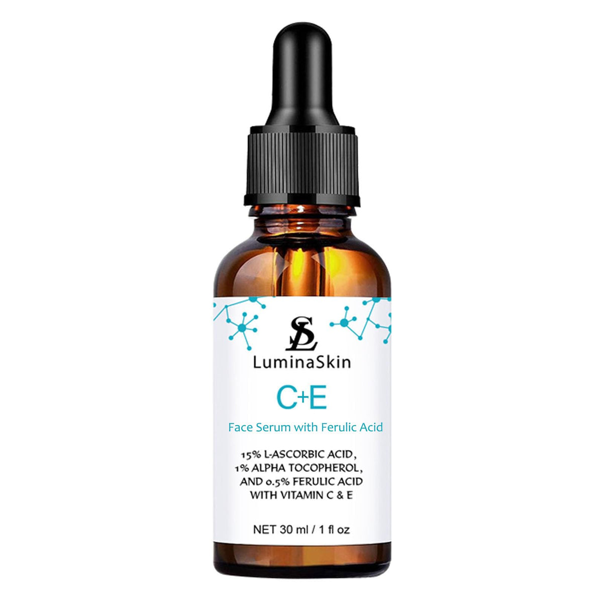 LuminaSkin front bottle showing product branding and compact 1 oz size, enhancing routine convenience