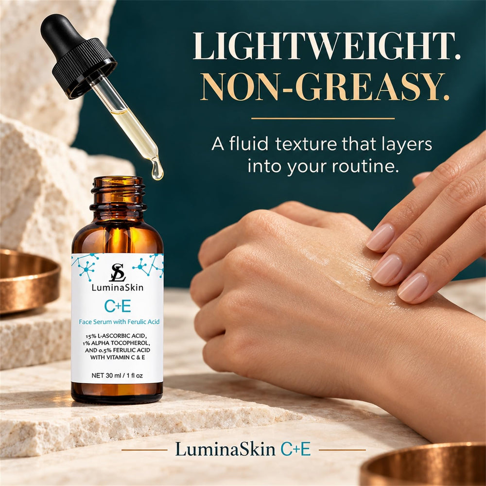 LuminaSkin bottle held in hand to show scale, helping shoppers visualize the compact 1 oz size