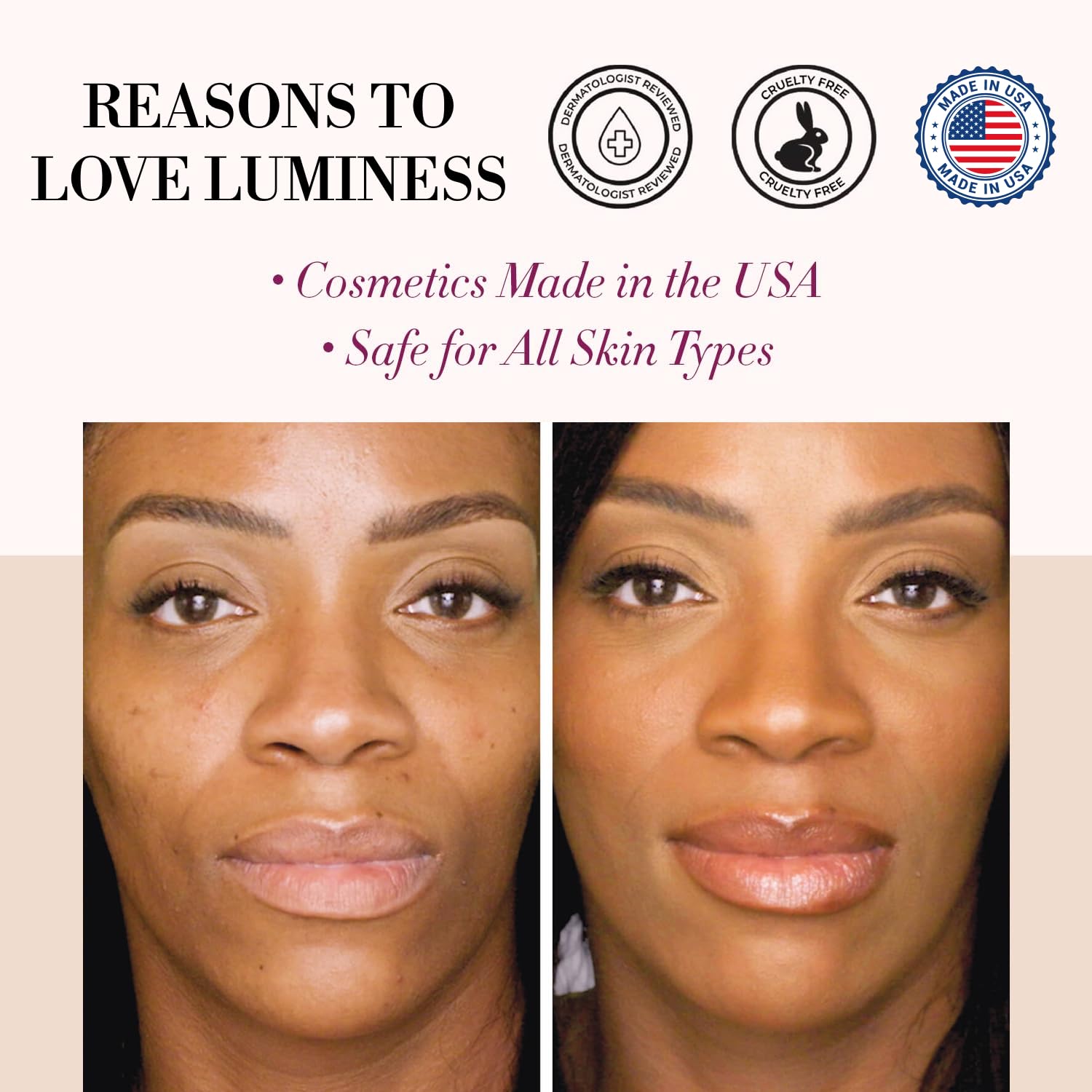 LUMINESS before and after comparison showing improved skin texture and coverage