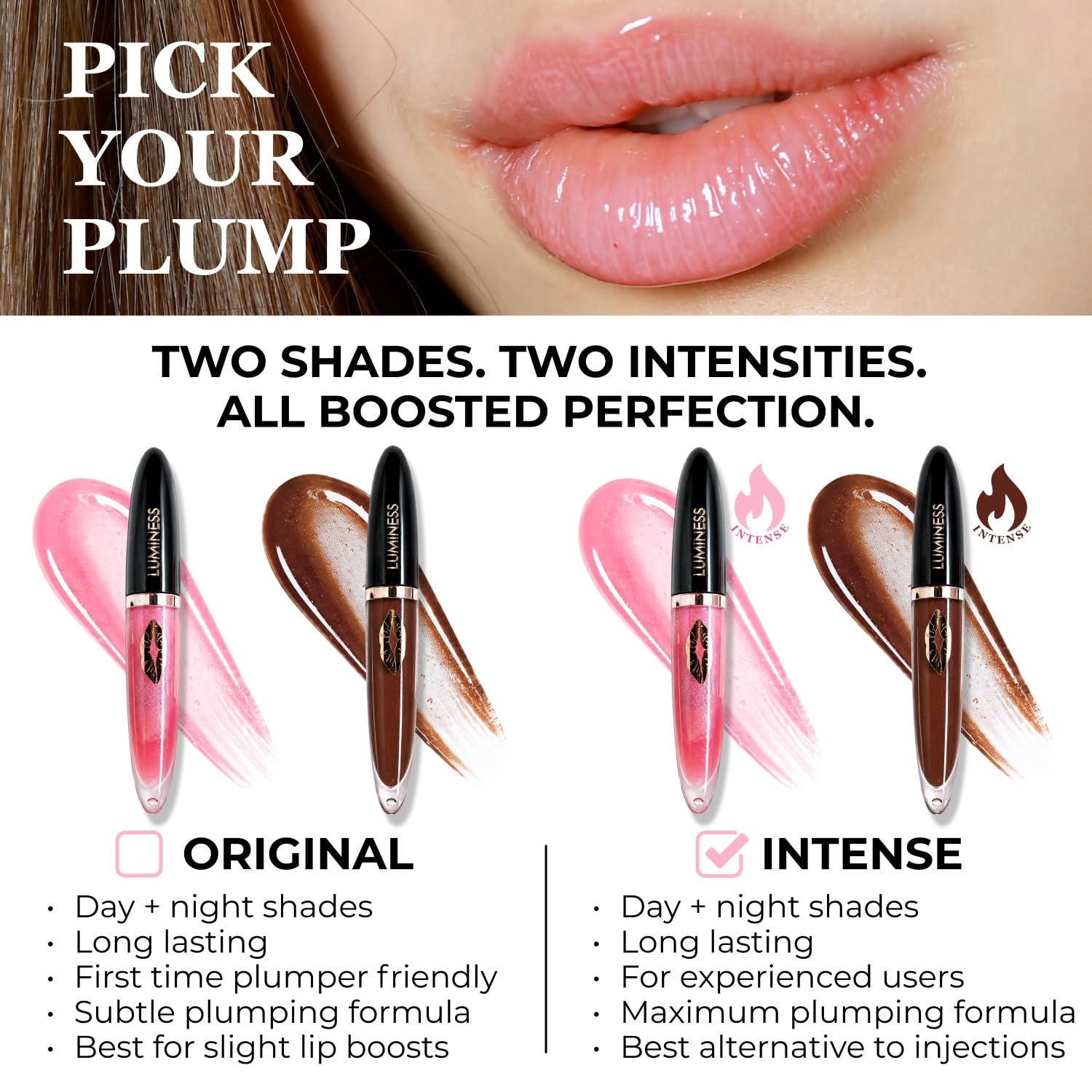LUMINESS Hot Kiss lip before-and-after demonstrating visible plumping and added dimension
