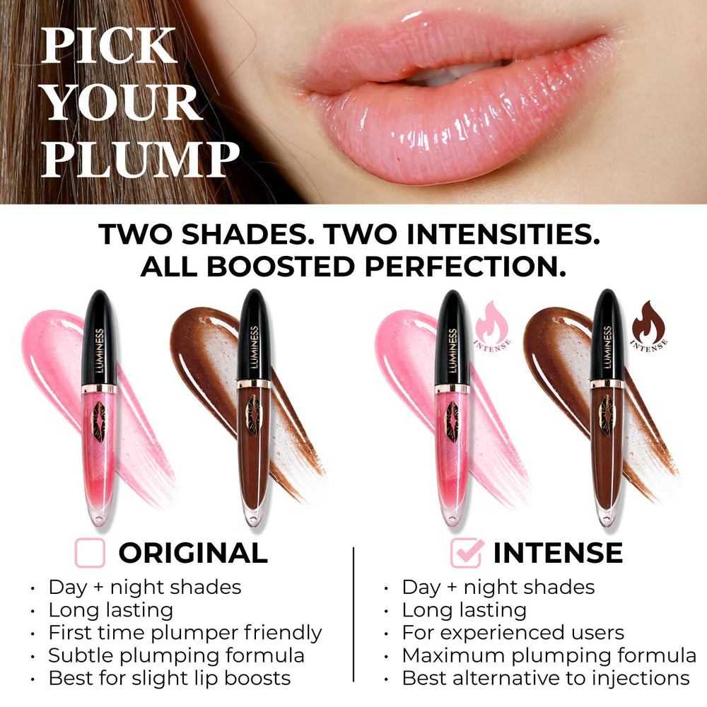 LUMINESS Hot Kiss lip before-and-after demonstrating visible plumping and added dimension