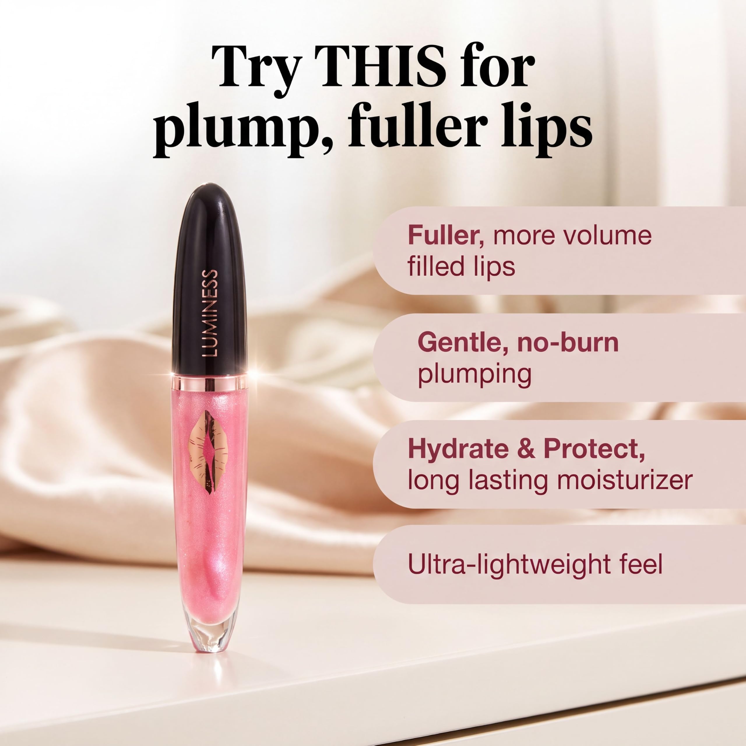LUMINESS texture swipe revealing glossy non-sticky finish and shine