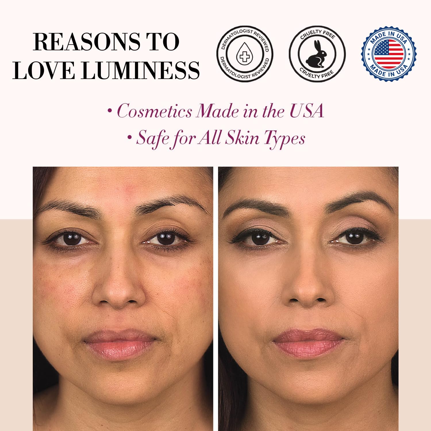 LUMINESS ingredient label close-up emphasizing anti-aging and hydrating benefits