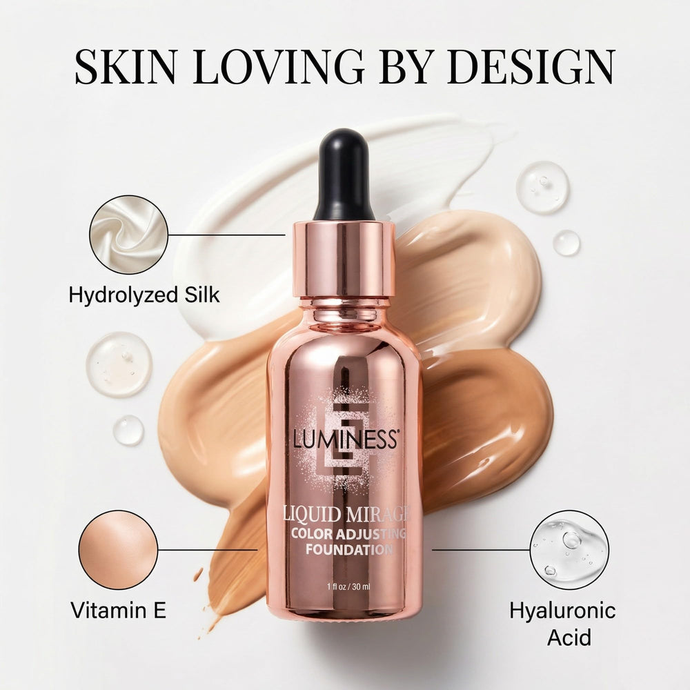 LUMINESS ingredients label highlighting hyaluronic acid and vitamin E benefit