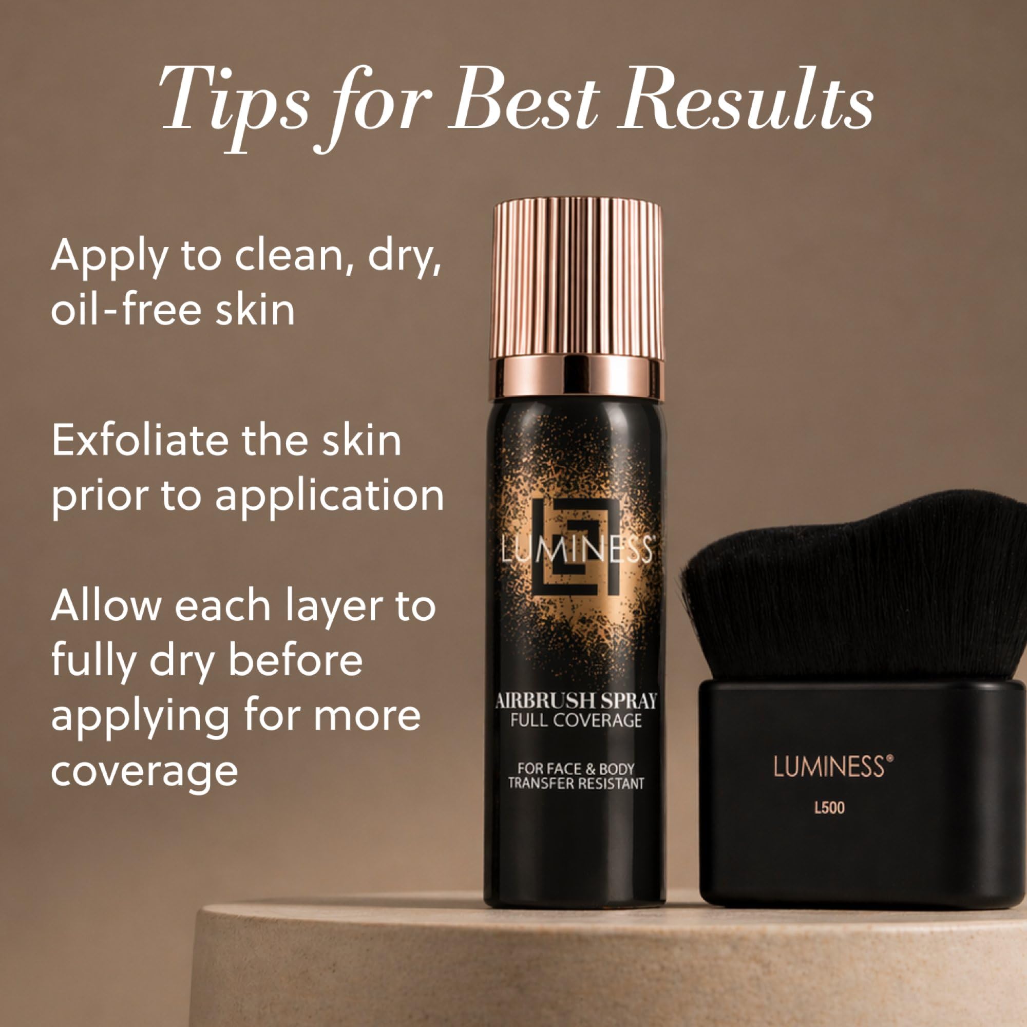 LUMINESS packaging label detail highlighting waterproof, transfer‑resistant benefit