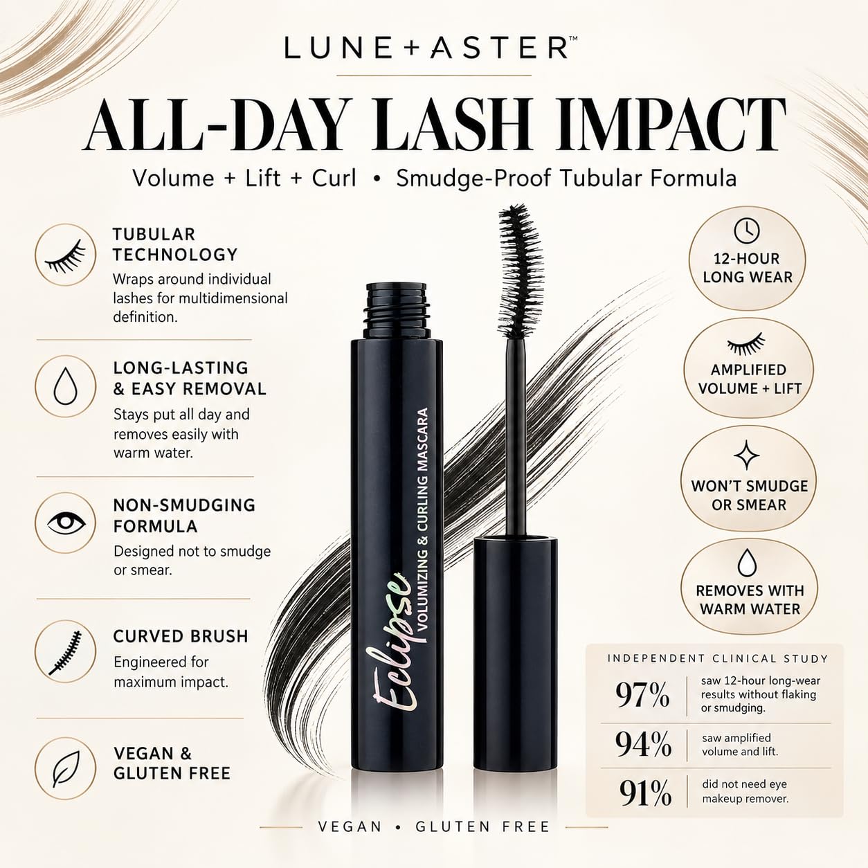Lune+Aster curved brush close-up delivering precise application and lifted curl