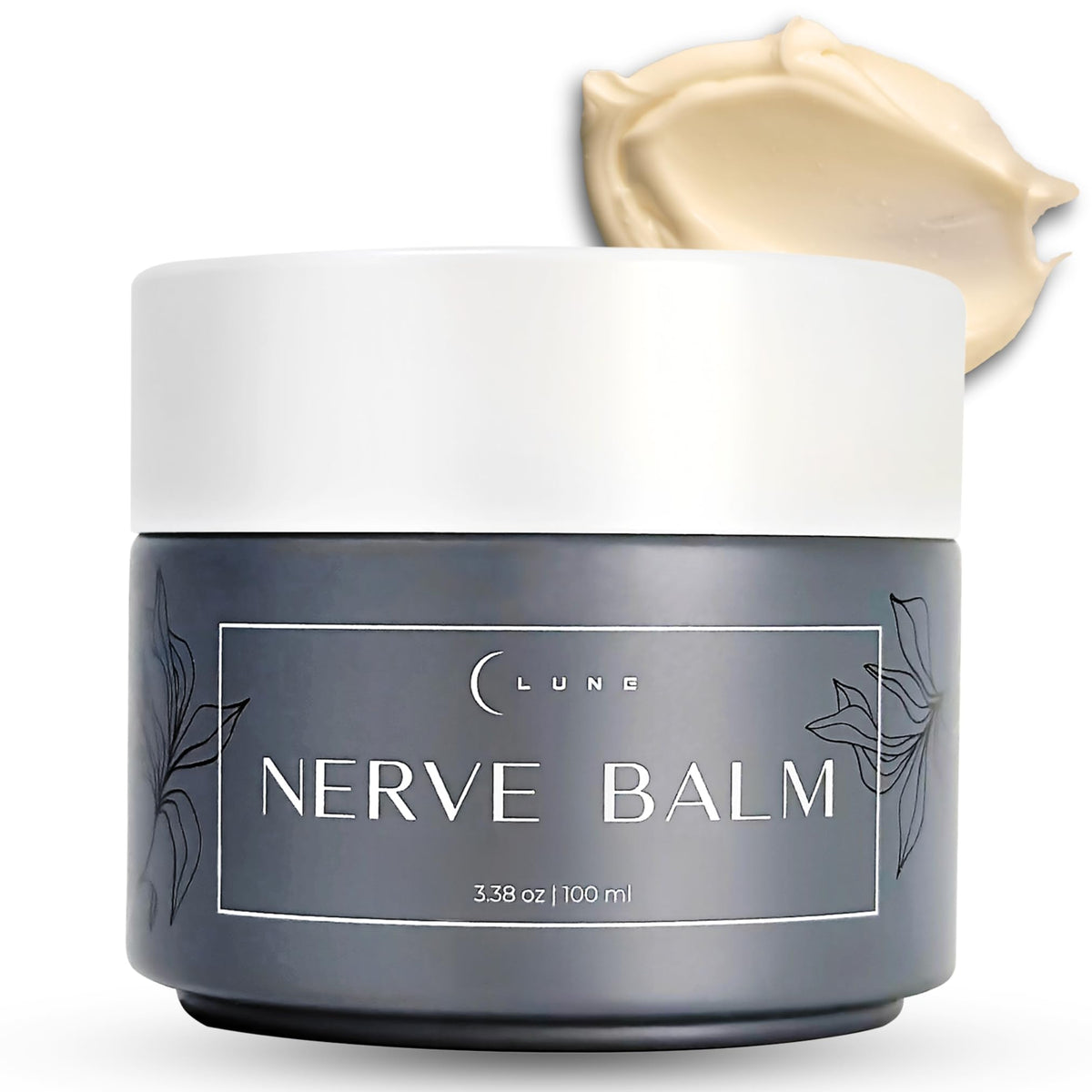 Lune nerve balm front jar showing packaging and branding for easy identification and trust