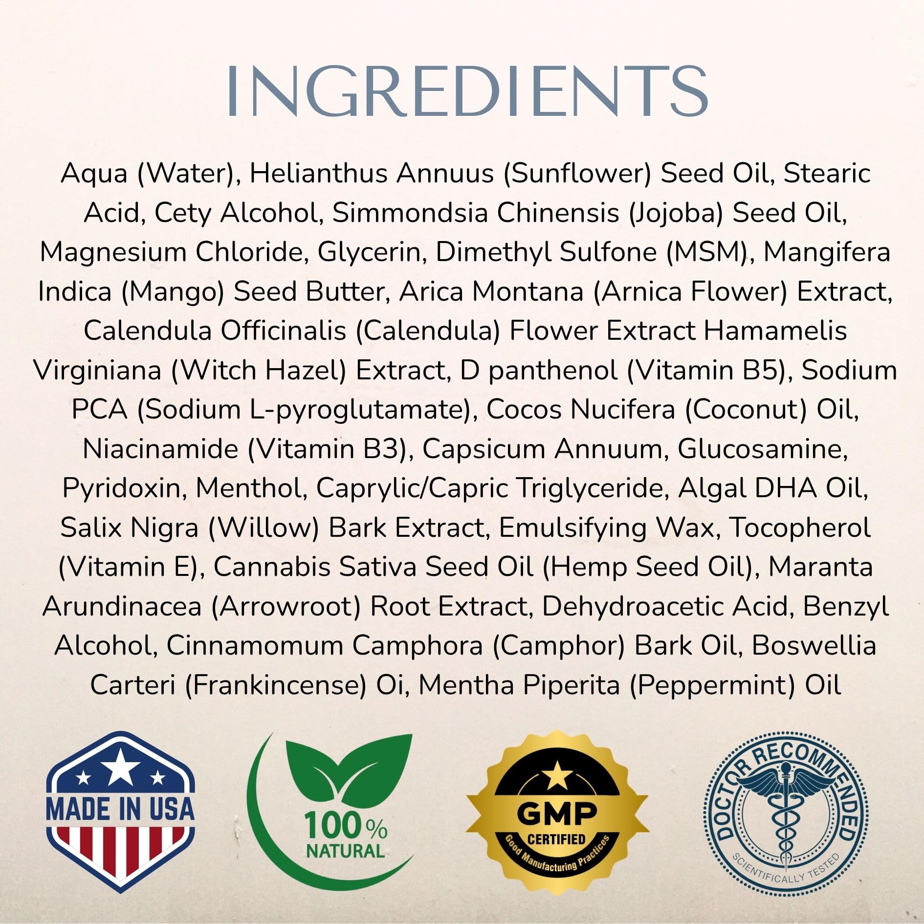 Lune nerve balm ingredient label closeup highlighting arnica, MSM and magnesium benefits