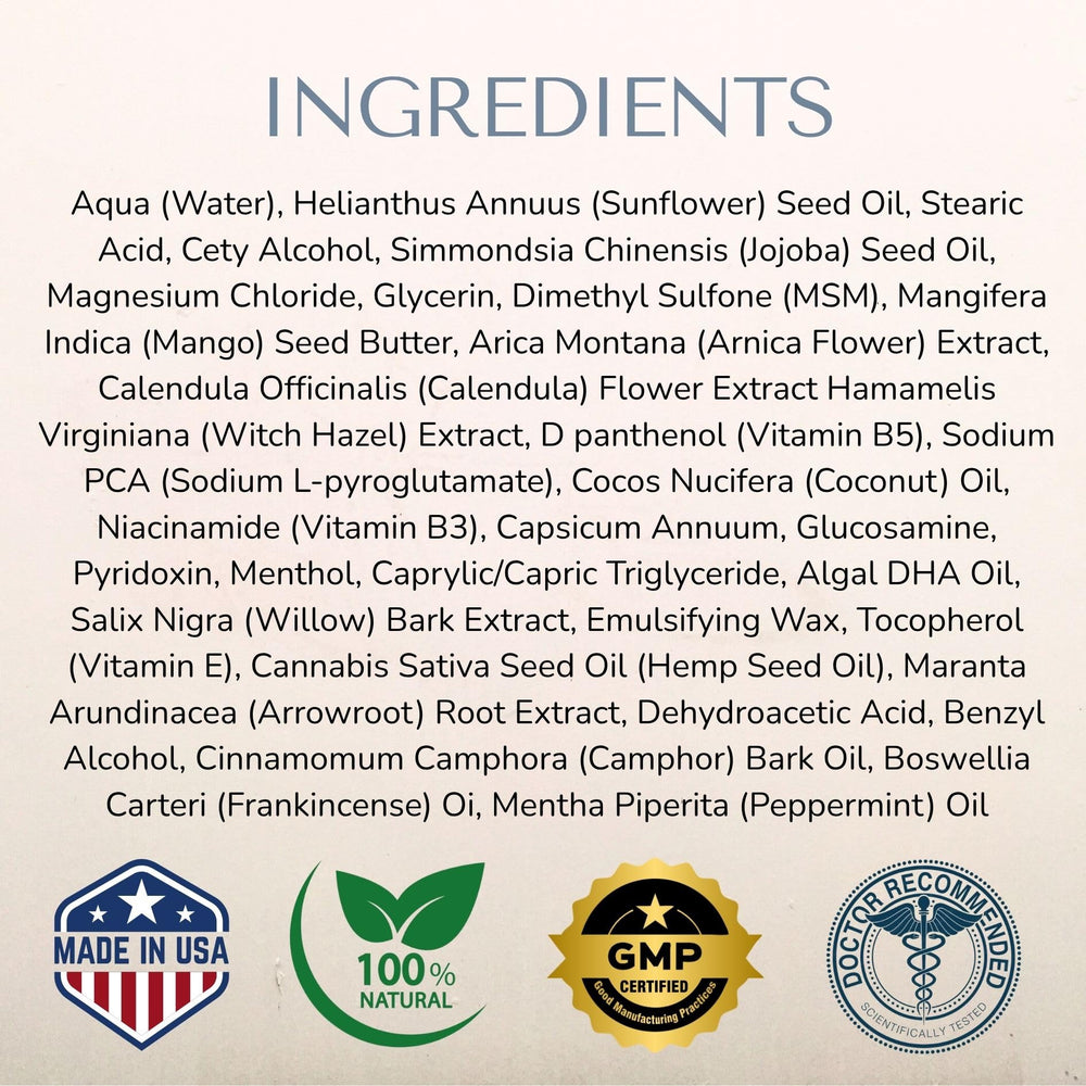 Lune nerve balm ingredient label closeup highlighting arnica, MSM and magnesium benefits