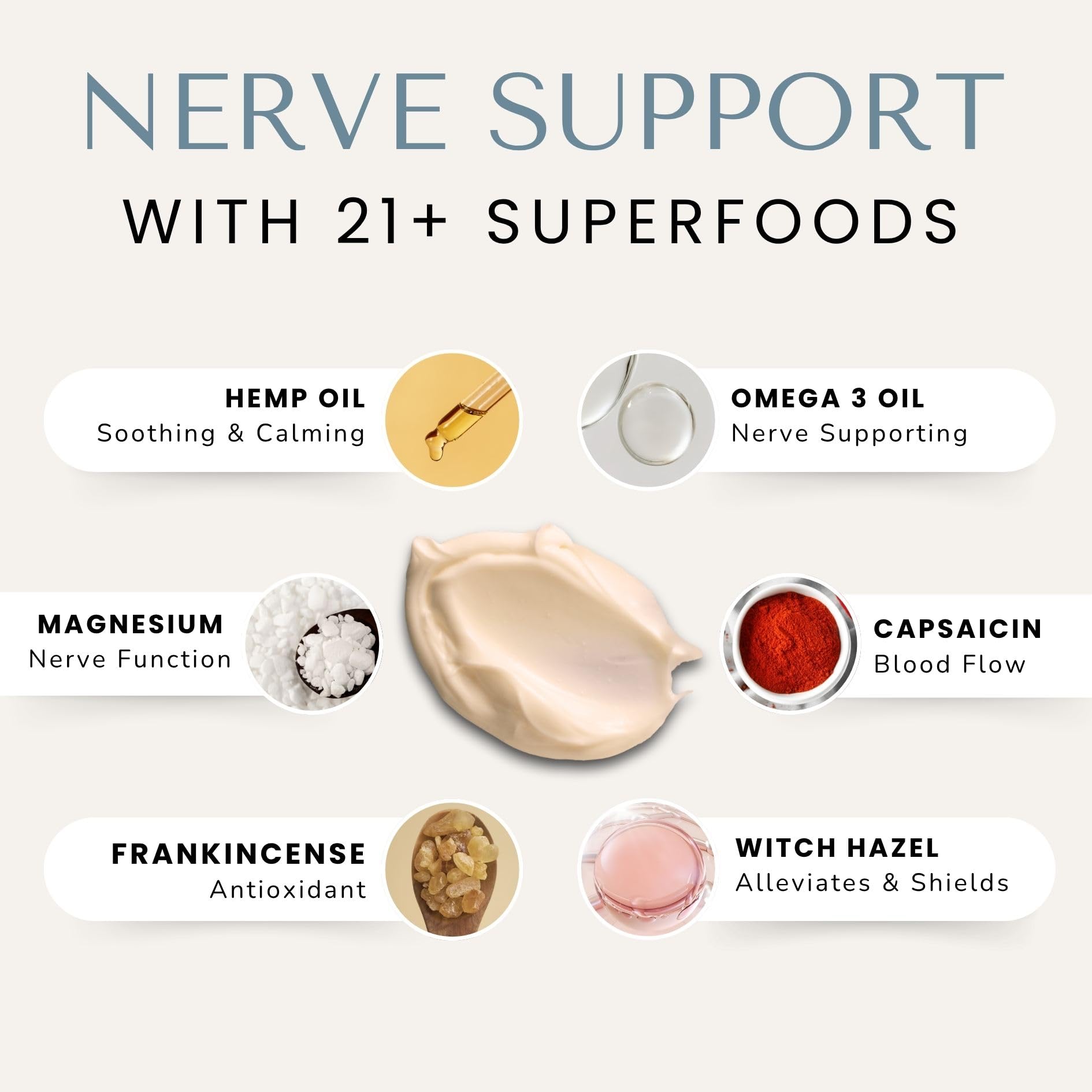 Lune nerve balm texture closeup demonstrating non-greasy cream and fast absorption benefit