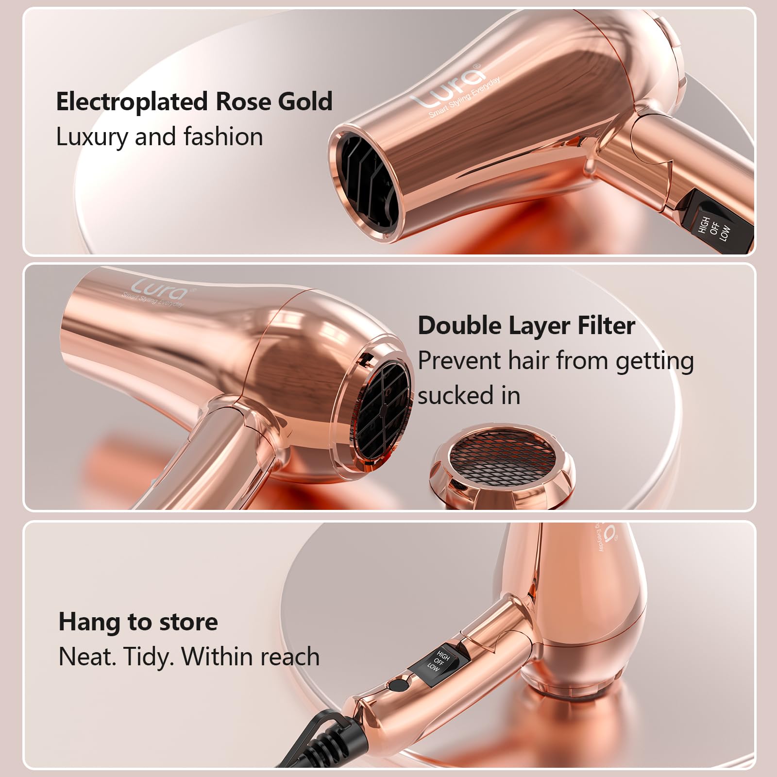 LURA concentrator nozzle shown styling for smooth, polished strands