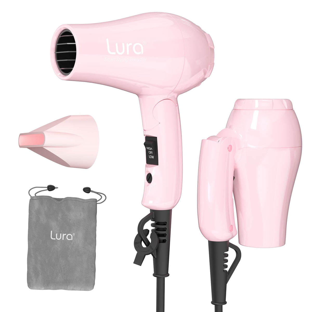 LURA front view of mini dryer showing compact design and easy-grip for travel convenience