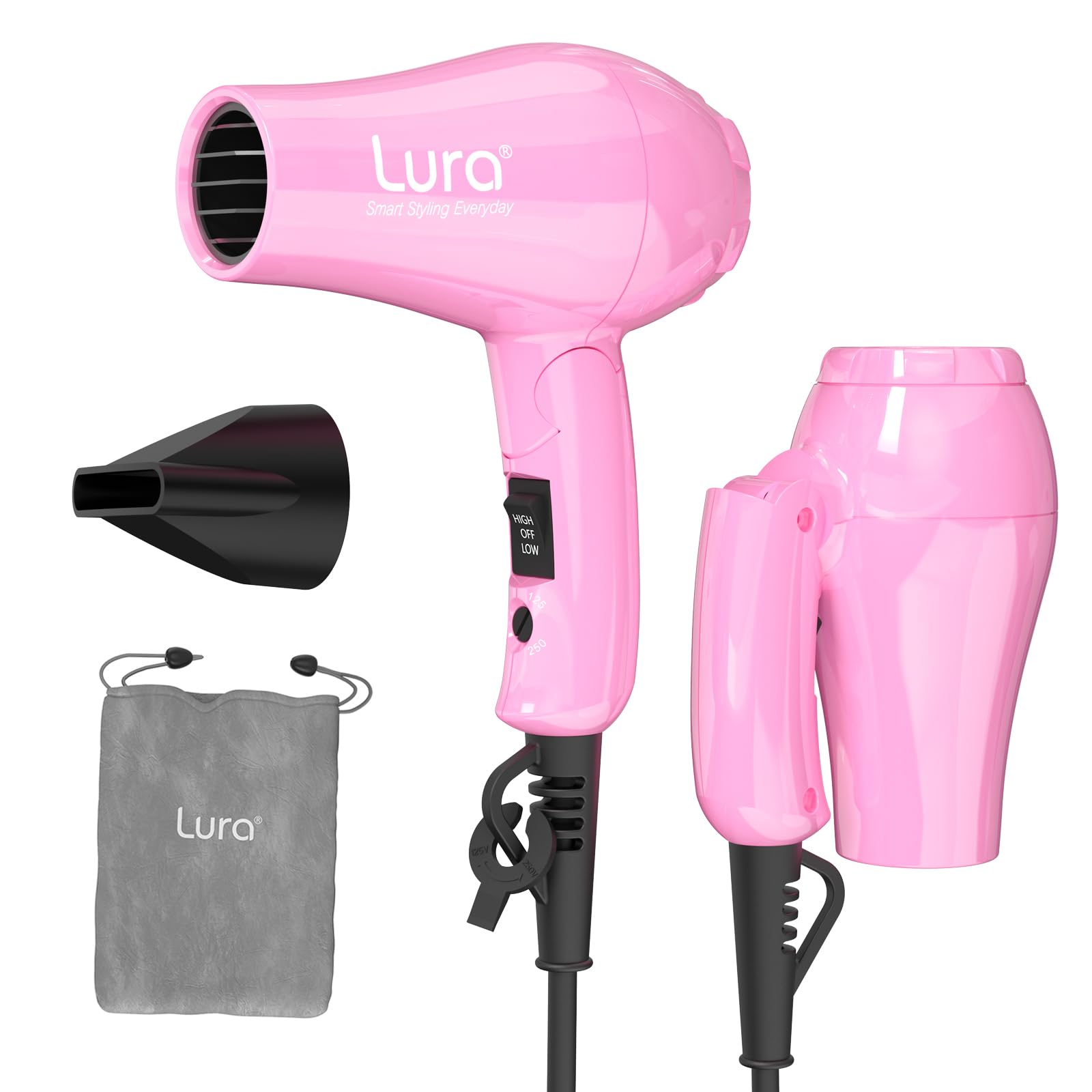 LURA front view showing compact hot pink dryer and controls for easy styling