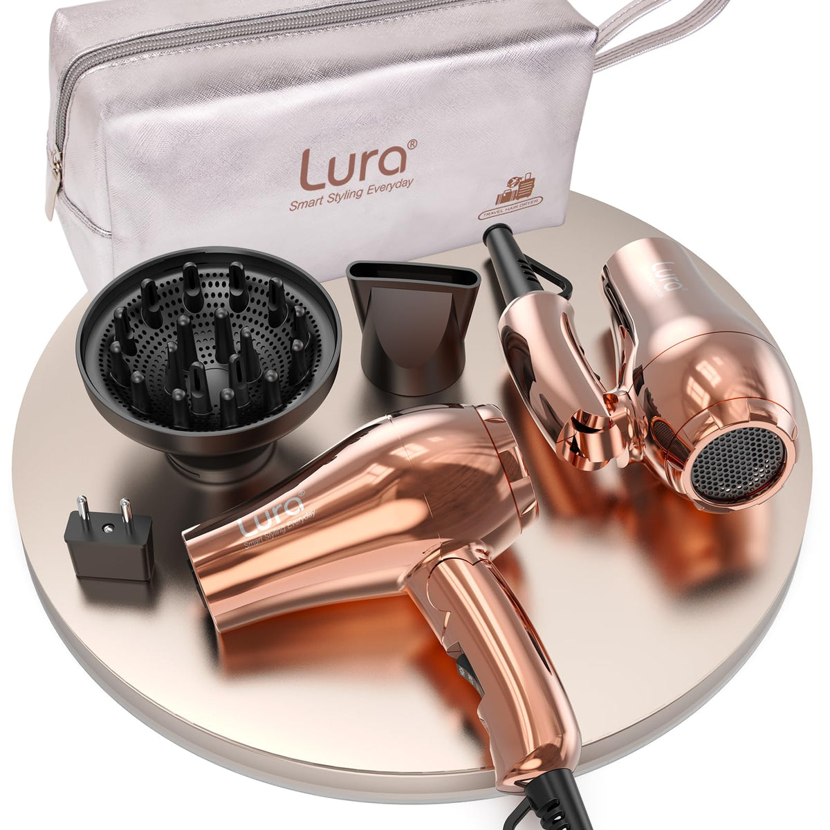 LURA front view showing foldable dryer and attachments for easy travel