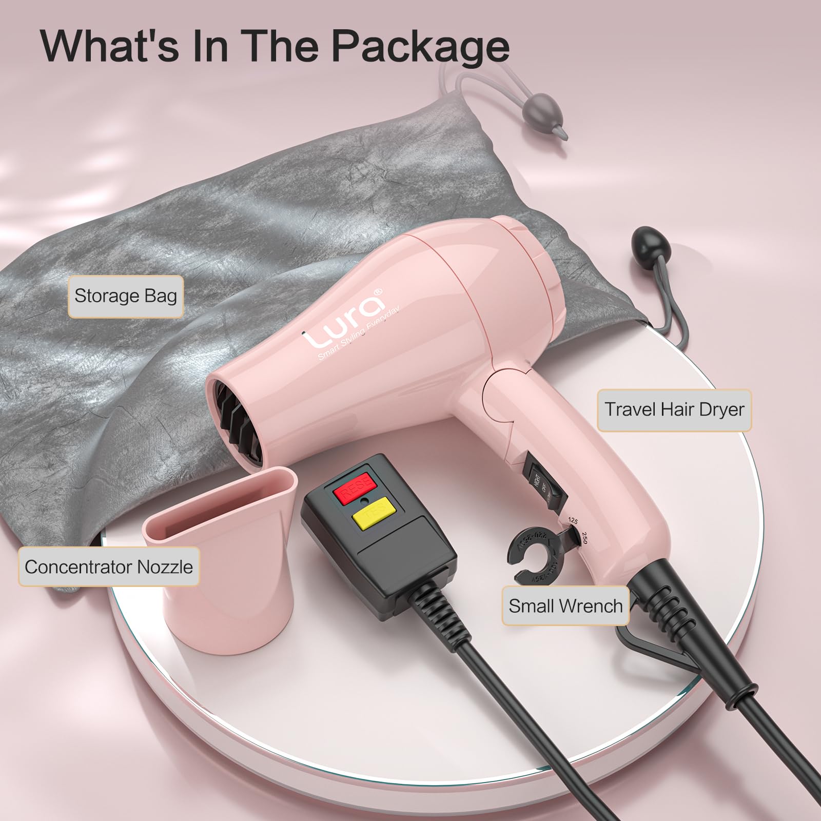 LURA mini dryer inside travel bag keeping accessories organized for trips