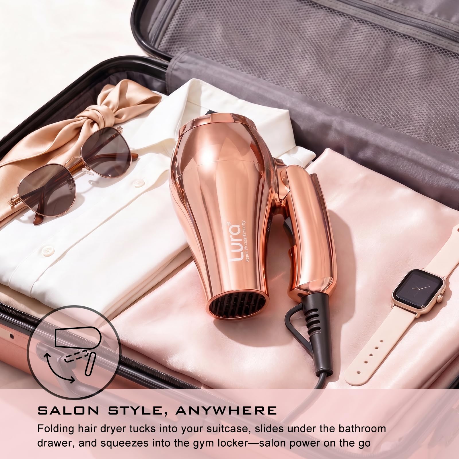 LURA packed in carry-on suitcase for convenient travel-ready styling