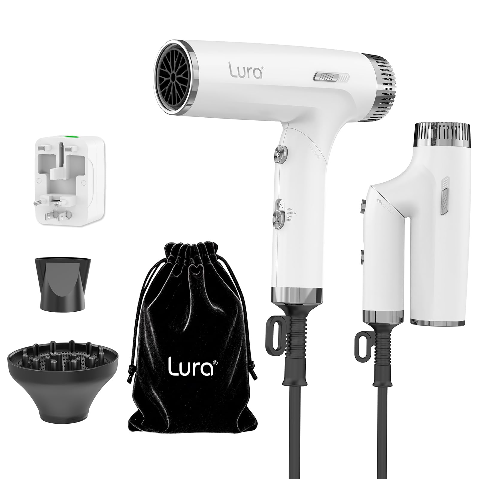 LURA travel hair dryer front view showing compact design and portability benefit