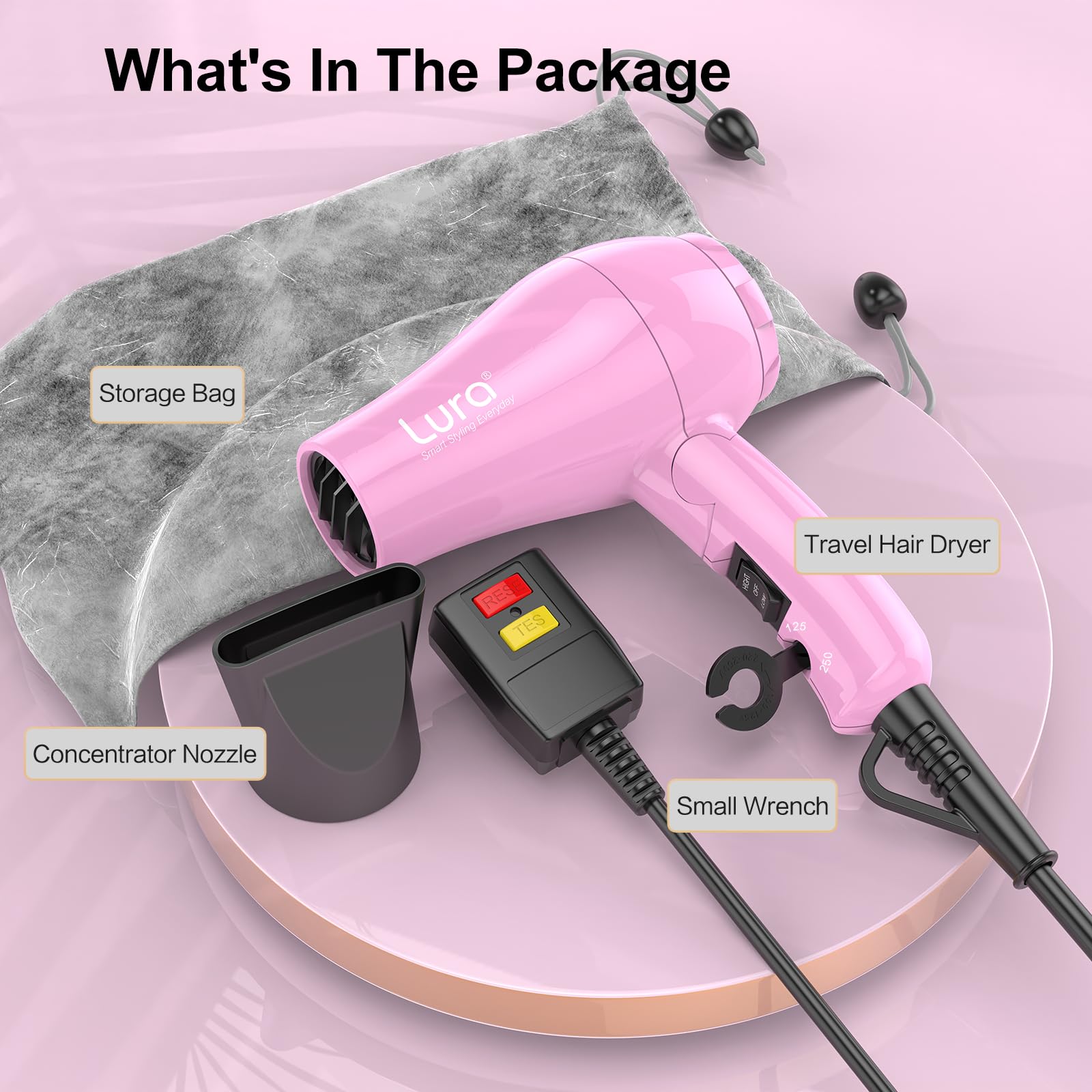 LURA hair dryer inside suitcase illustrating travel-ready convenience