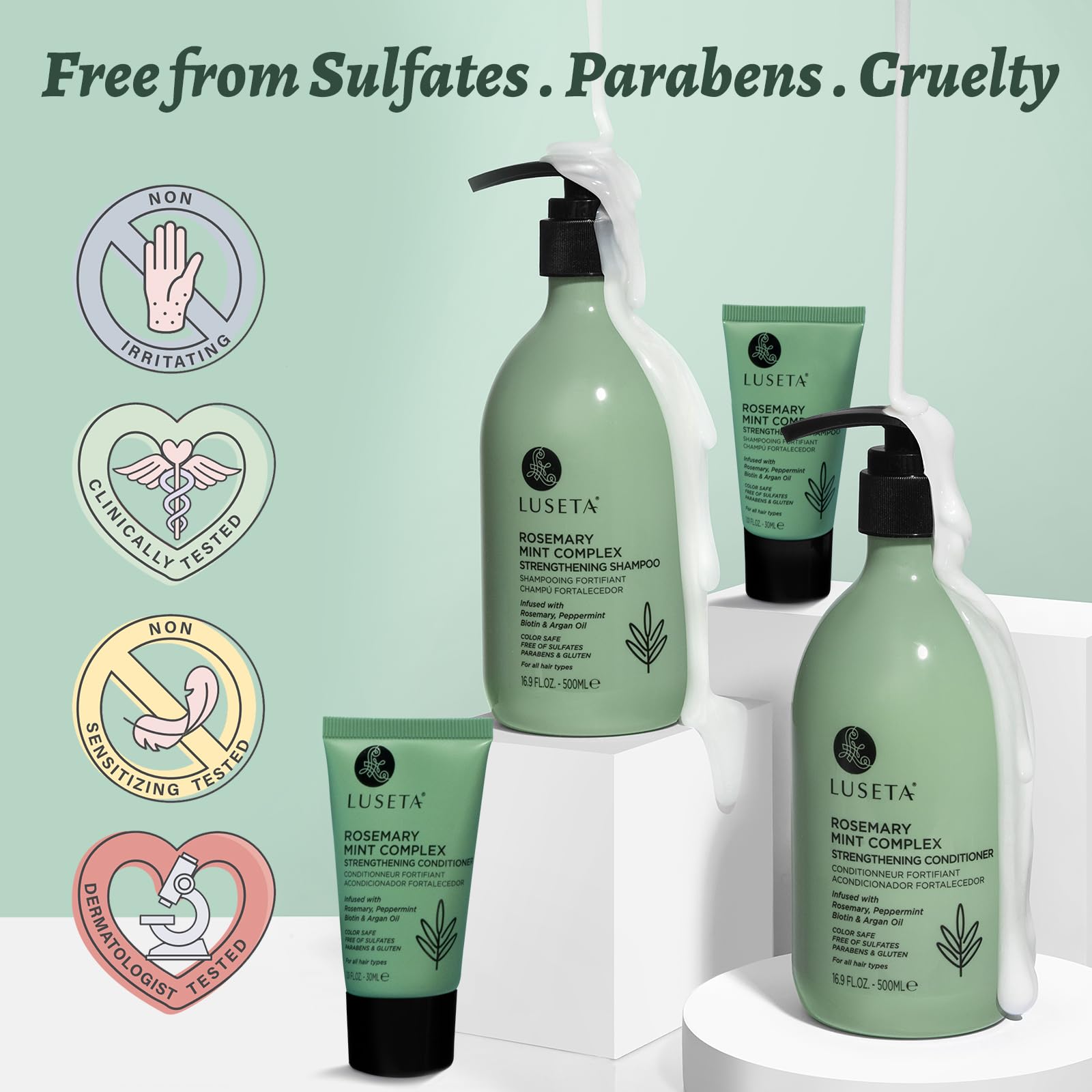 Luseta set on bathroom shelf showing routine-ready, salon-style results