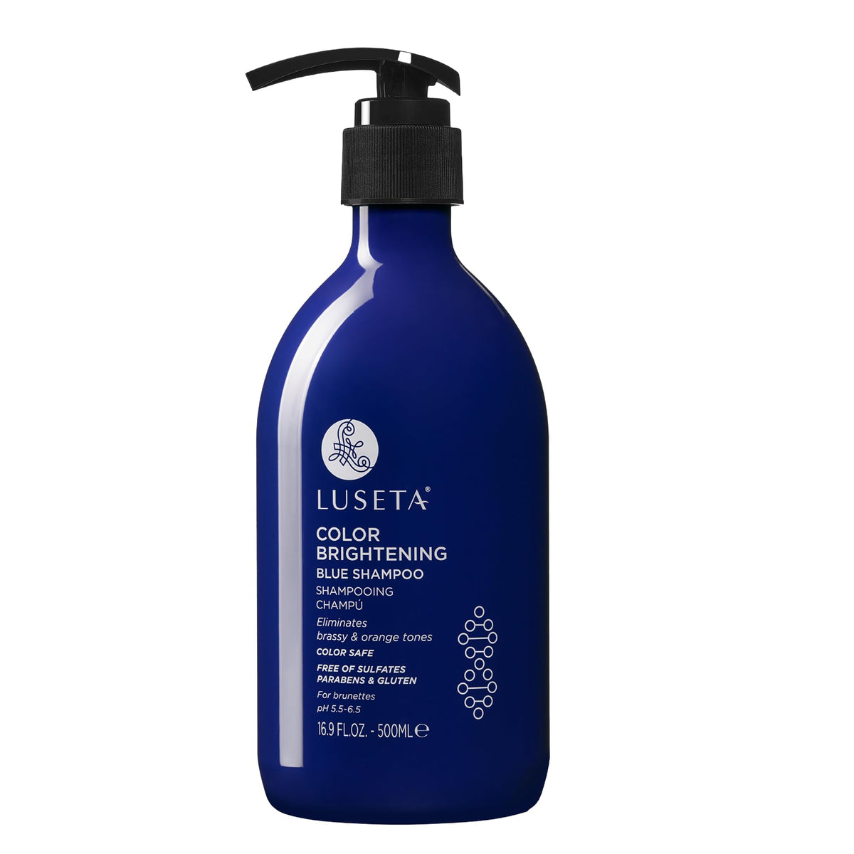 Luseta bottle front view showing blue shampoo for neutralizing brassiness