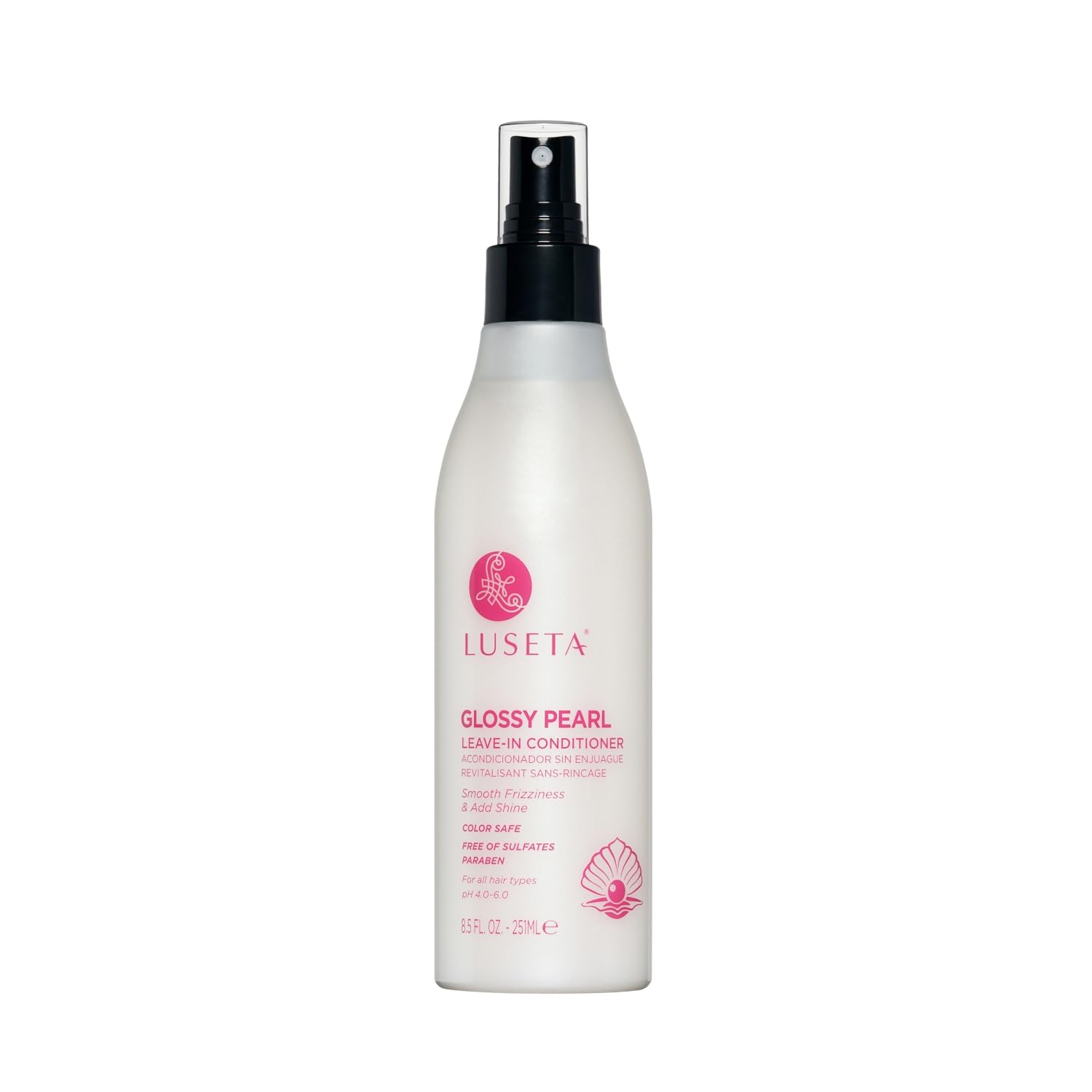 L LUSETA front bottle view showing glossy pearl packaging and brand shine benefit