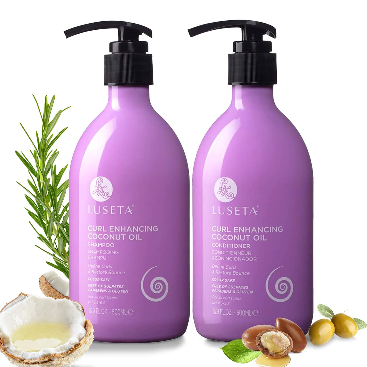 Luseta front packaging set showing both bottles and curl definition benefit