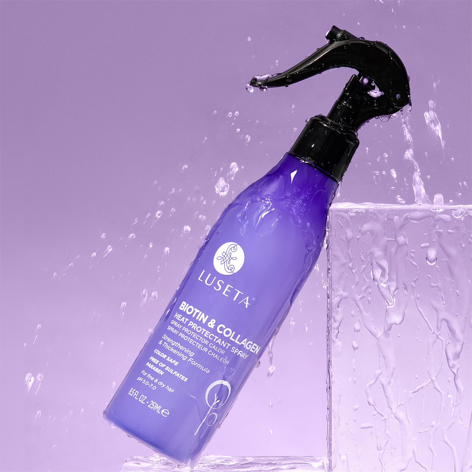 Luseta bottle on a bathroom vanity suggesting daily styling routine benefit