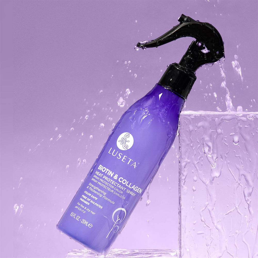 Luseta bottle on a bathroom vanity suggesting daily styling routine benefit