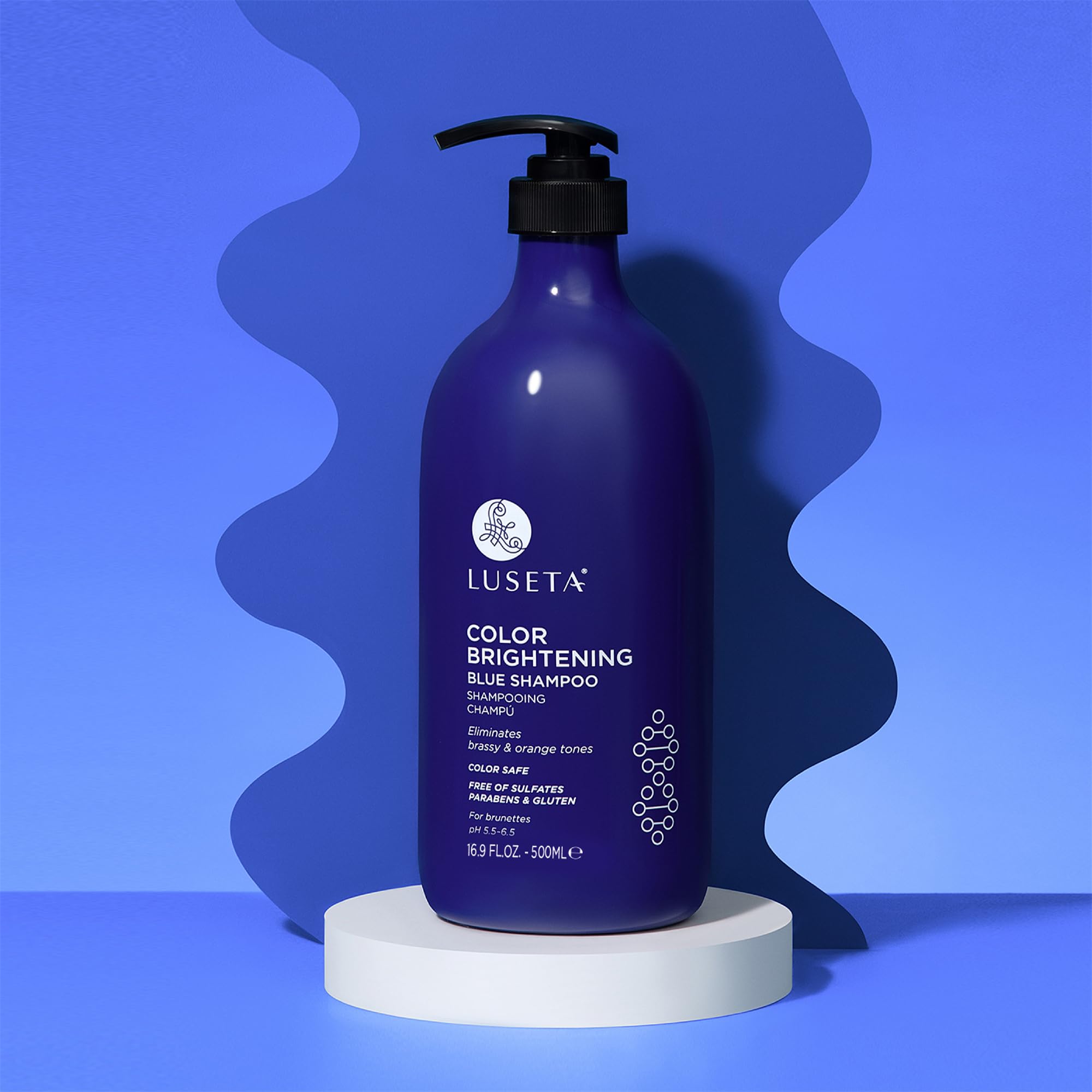 Bathroom shelf lifestyle with Luseta shampoo showing salon-quality routine