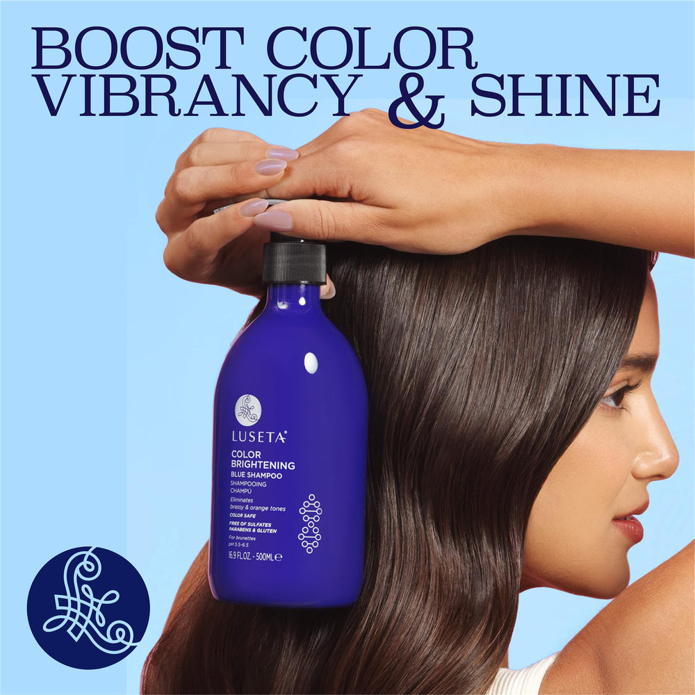 Before and after brunette photo with Luseta showing reduced orange tones