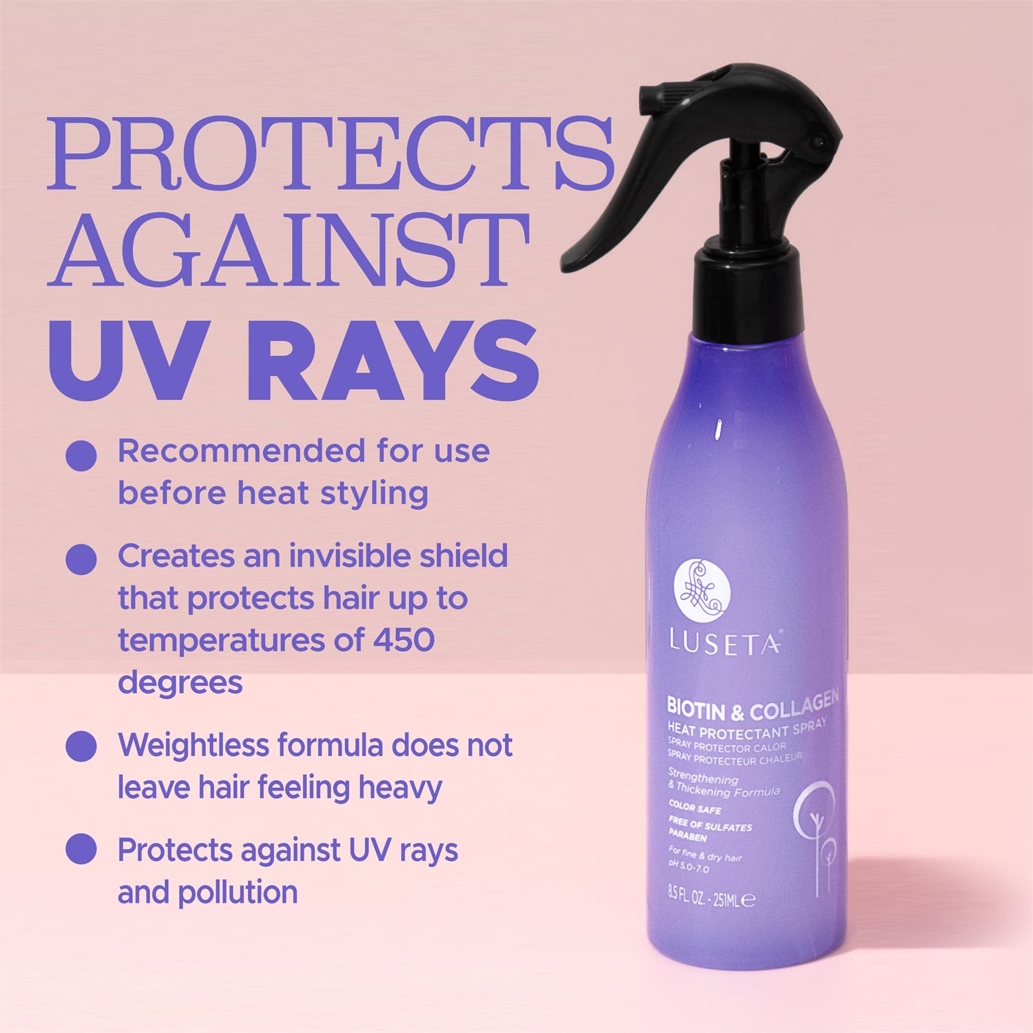 Luseta spray being applied to hair before styling to protect against heat