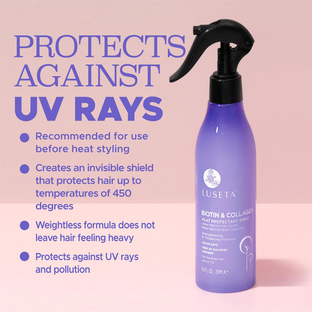 Luseta spray being applied to hair before styling to protect against heat