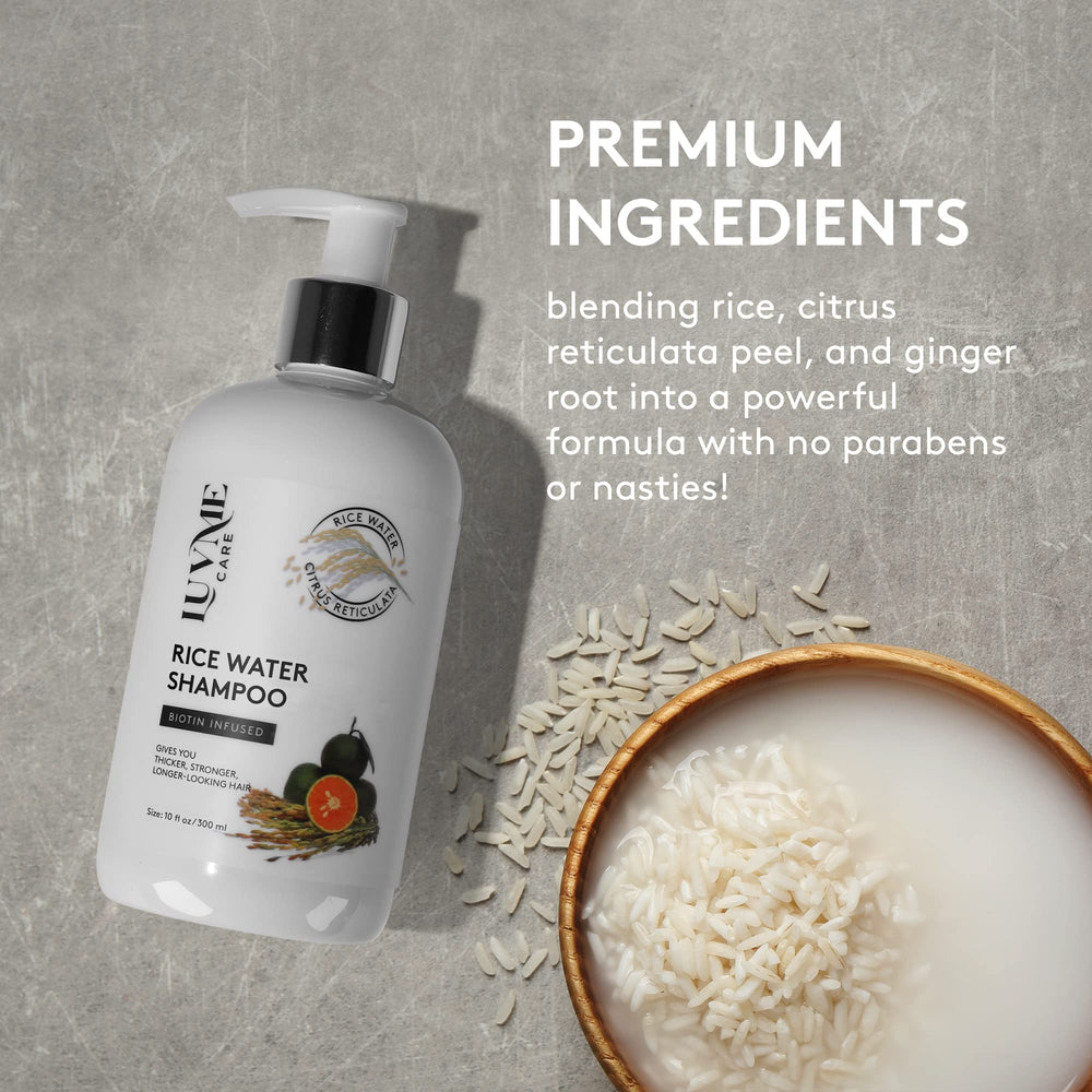 Luv Me Care ingredient label close-up highlighting biotin and rice water