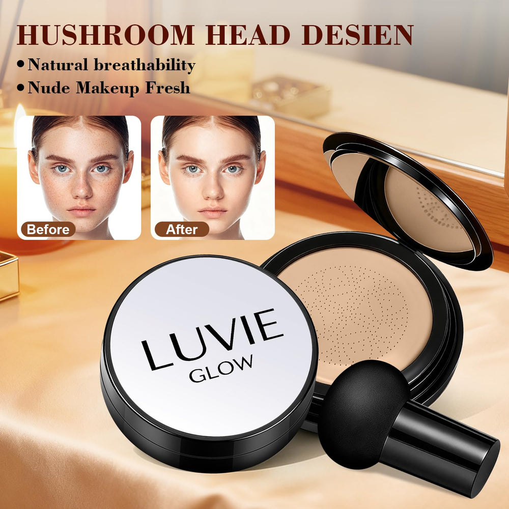 Luvie Glow open compact with cushion and puff, convenient refillable design
